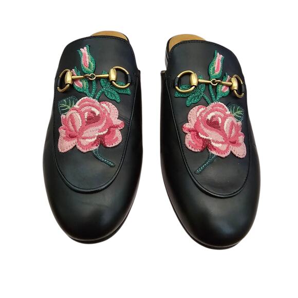 Gucci Princetown Horsebit Flat Mule Size 36.5 US 6.5 Black Leather Pink Floral - Picture 3 of 12